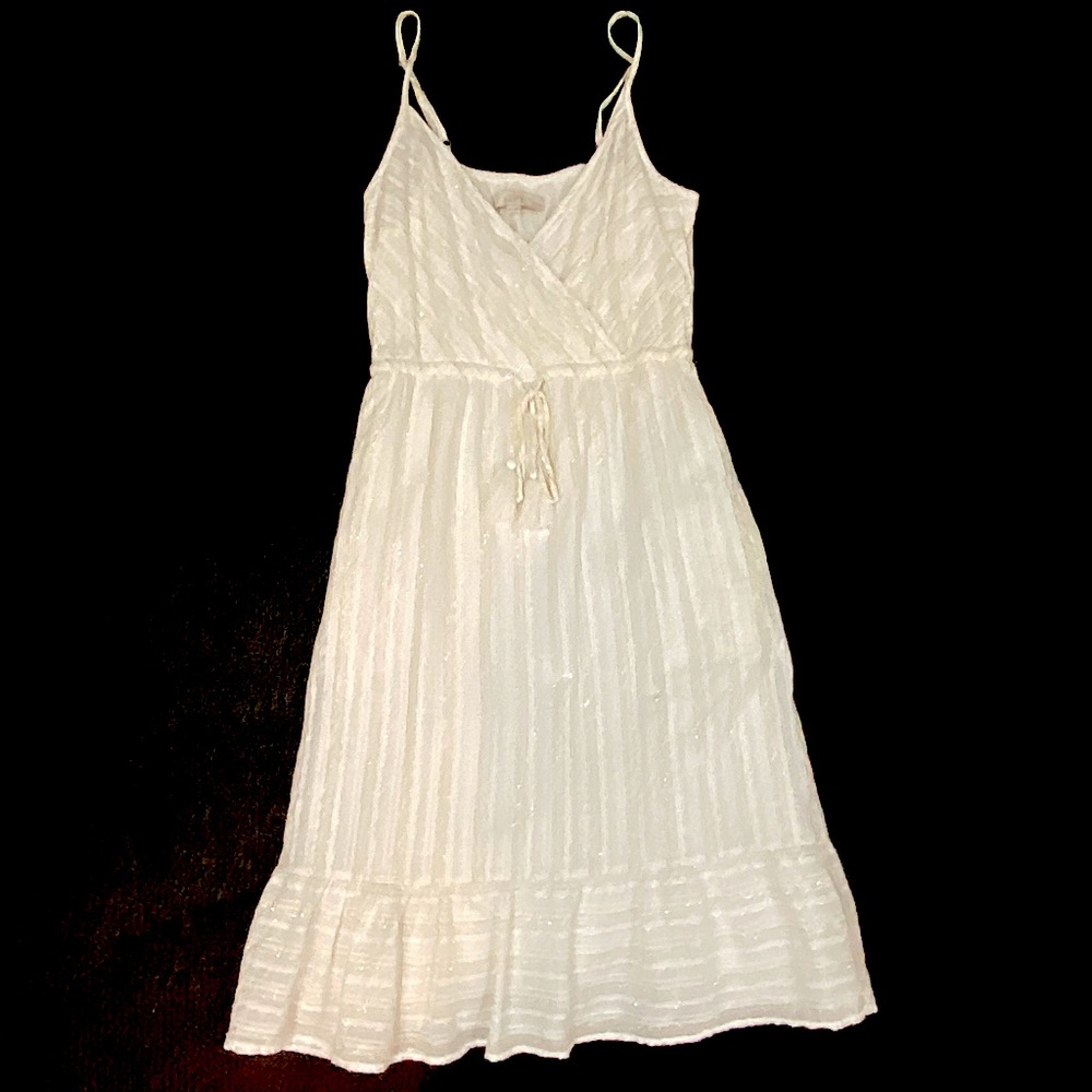 Loft White Silver Gold Thread Ruffle Wrap MIDI Dress w/ Pockets